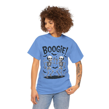 Halloween Dancing Skeletons Women's T-Shirt, BOOGIE! Funny Spooky Graphic Tee for Women, Women's Heavy Cotton Tee