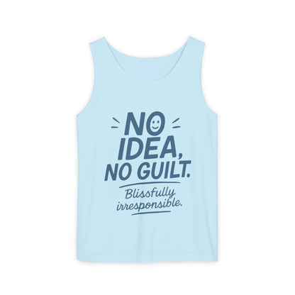 Womens No Guilt Tank Top, No Idea Funny Quote, Blissfully Irresponsible Workout Tee, Casual Sleeveless Top, Summer Activewear, Relaxed Style