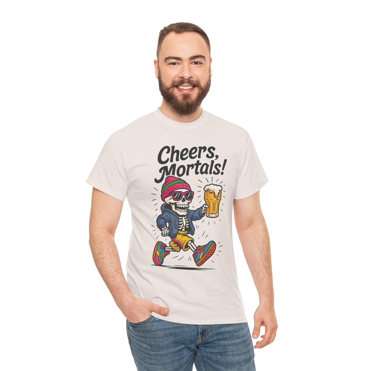 Cheers, Mortals! Mens Tee, Funny Skeleton Beer Graphic Tee, Cool Drinking Humor Shirt, Party Gift for Him, Halloween Tee,  Beer Lovers Gift