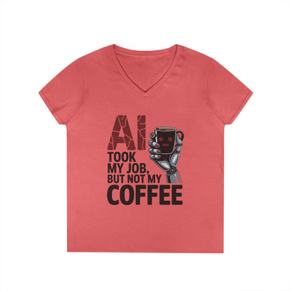Ladies' V-Neck T-Shirt, Women's AI Coffee T-Shirt, Funny Robot Job Humor Tee, Geek Sarcastic Gift for Her, Sarcastic Work Shirt