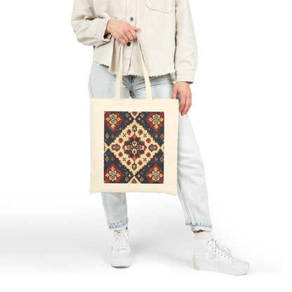 Boho Cotton Canvas Tote Bag, Shopping Bag for Everyday Use, Beach, Grocery, Gifts, Sustainable Style, Traditional Turkish Carpet Pattern