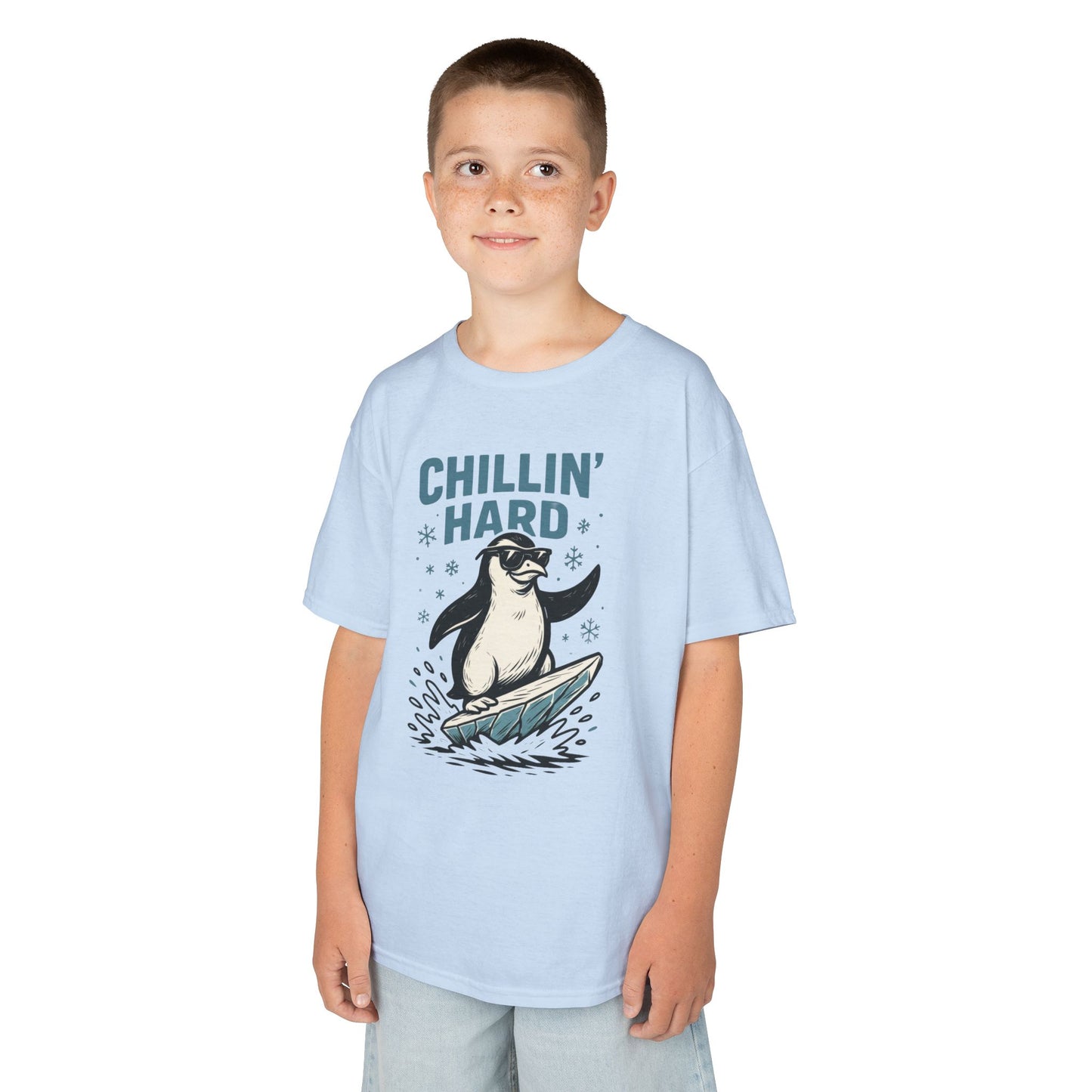 Kids Heavy Cotton™ Tee, Kids Chillin Hard Penguin T-Shirt, Funny Cool Animal Graphic Tee for Children