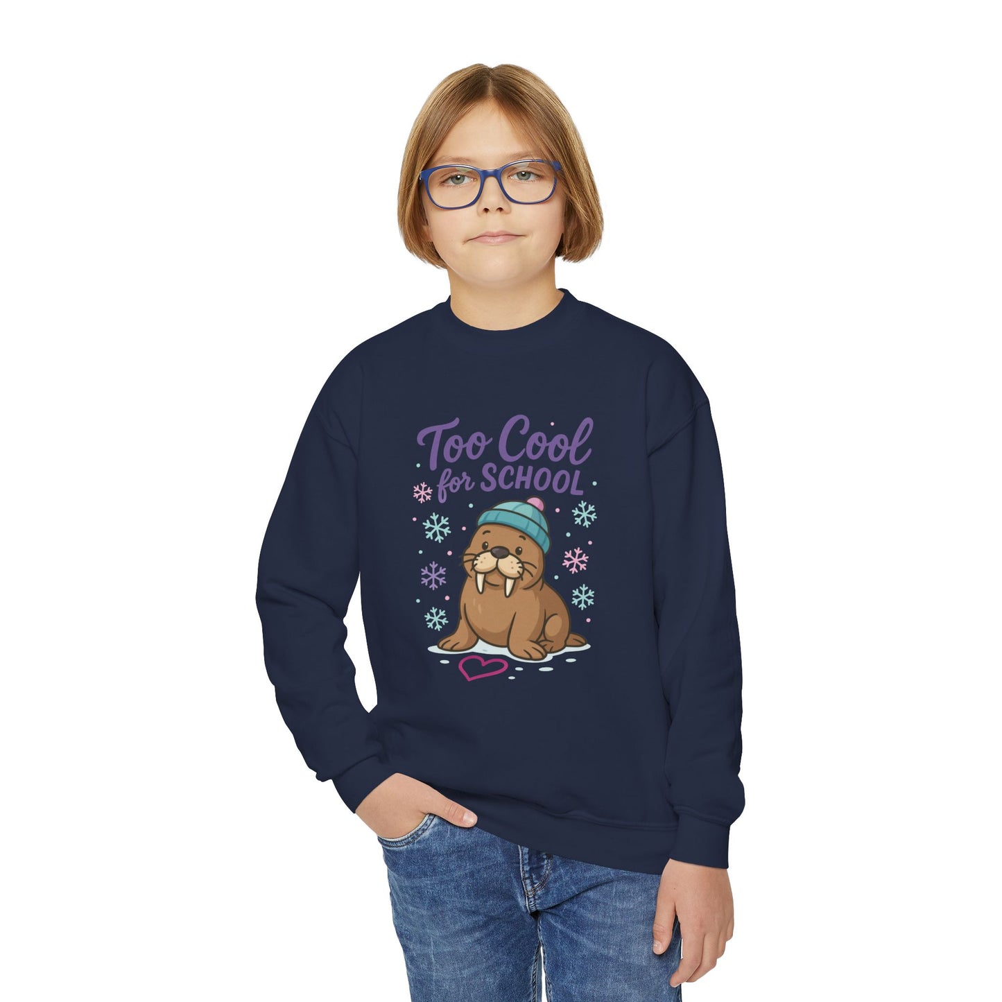 Youth Crewneck Sweatshirt, Kids Too Cool for School Walrus Sweatshirt, Funny Animal Pullover, Cute Winter Top