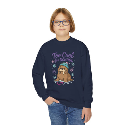 Youth Crewneck Sweatshirt, Kids Too Cool for School Walrus Sweatshirt, Funny Animal Pullover, Cute Winter Top