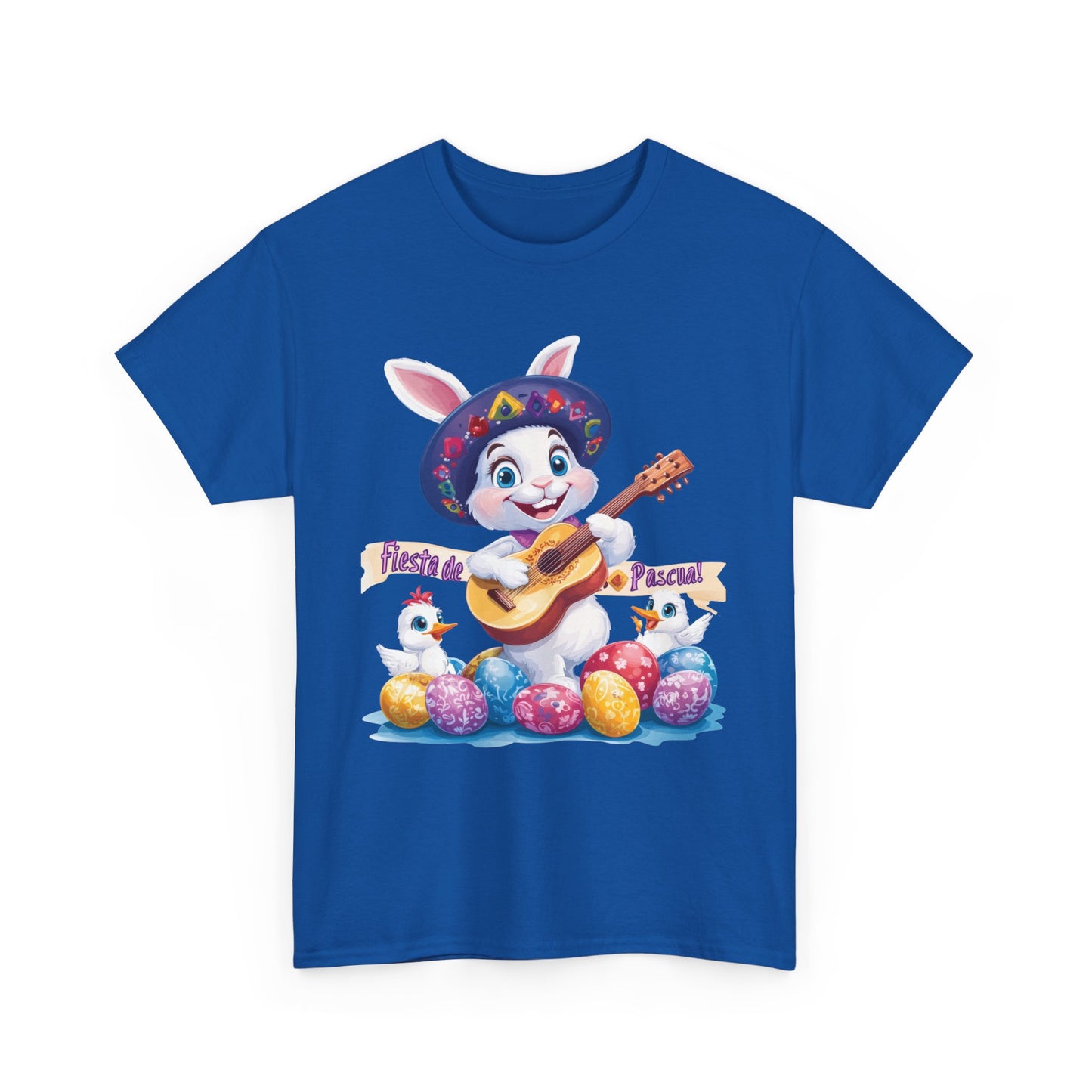 Fiesta de Pascua Bunny Shirt, Funny Easter Rabbit Playing Guitar Tee, Colorful Unisex Heavy Cotton T-Shirt, Cute Holiday Celebration Gift