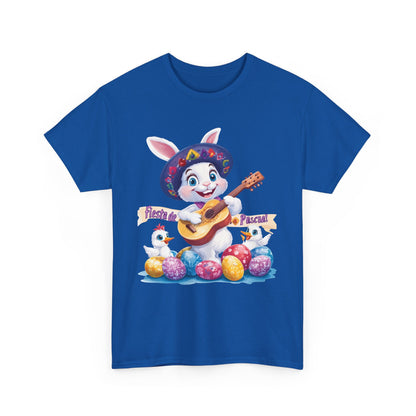Fiesta de Pascua Bunny Shirt, Funny Easter Rabbit Playing Guitar Tee, Colorful Unisex Heavy Cotton T-Shirt, Cute Holiday Celebration Gift
