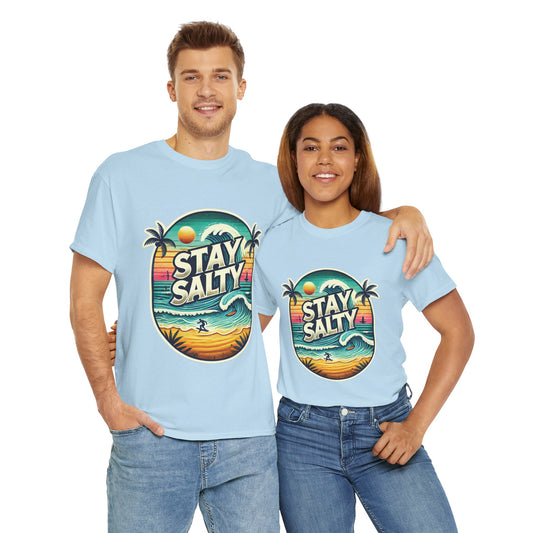 Stay Salty Retro Surf Unisex Heavy Cotton Tee, Vintage Beach Sunset Graphic T-Shirt, Summer Ocean Wave Surfer Shirt, Ocean Lover Gift