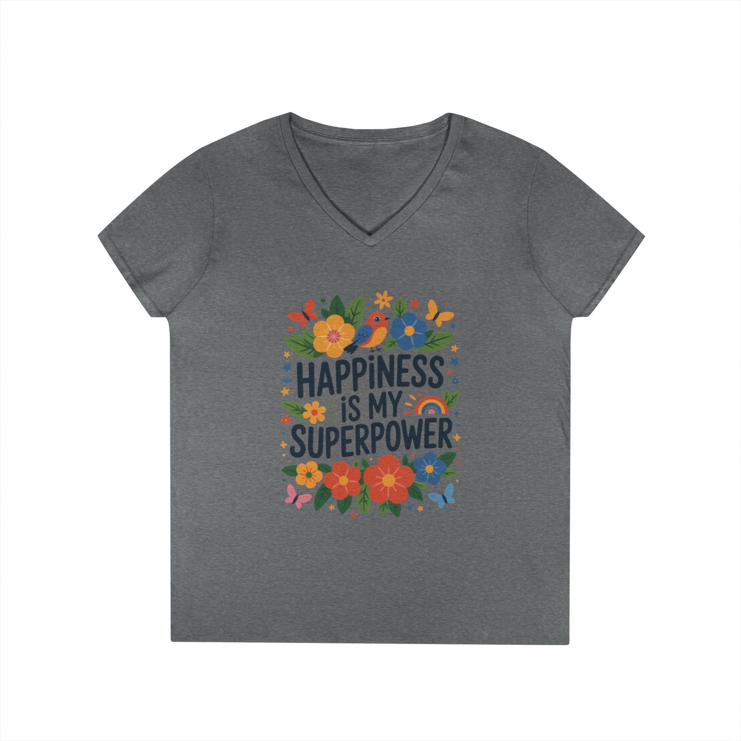 Happiness is My Superpower V-Neck T-Shirt, Floral Motivational Tee, Gift for Her, Positive Quote Shirt, Joyful Statement Tee