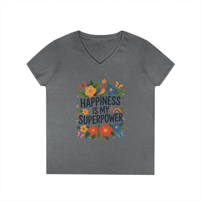 Happiness is My Superpower V-Neck T-Shirt, Floral Motivational Tee, Gift for Her, Positive Quote Shirt, Joyful Statement Tee