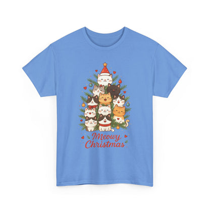 Women's Meowy Christmas Cat T-Shirt, Cute Holiday Kitty Tree Tee