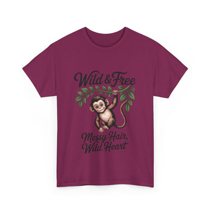 Wild & Free Monkey Shirt, Messy Hair Wild Heart Womens Tee, Cute Jungle Animal T-Shirt, Boho Adventure Graphic, Fun Nature Lover Gift