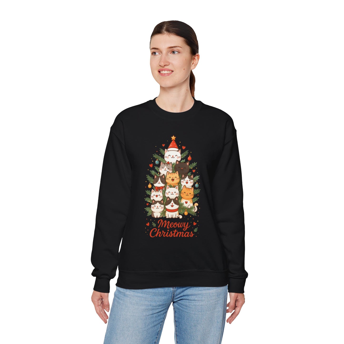 Women's Meowy Christmas Cat Sweatshirt, Cute Holiday Kitty Pullover