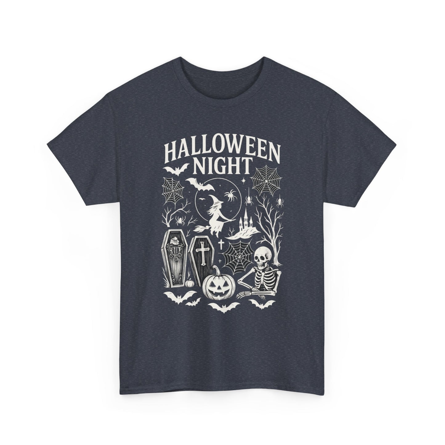 Halloween Night Women's T-Shirt, Gothic Witch Skeleton Pumpkin Tee, Spooky Scary Shirt for Halloween Party