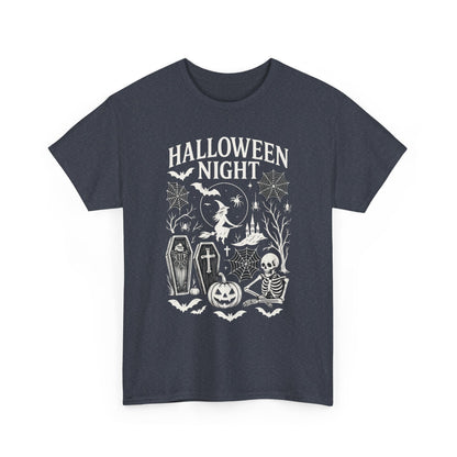 Halloween Night Women's T-Shirt, Gothic Witch Skeleton Pumpkin Tee, Spooky Scary Shirt for Halloween Party