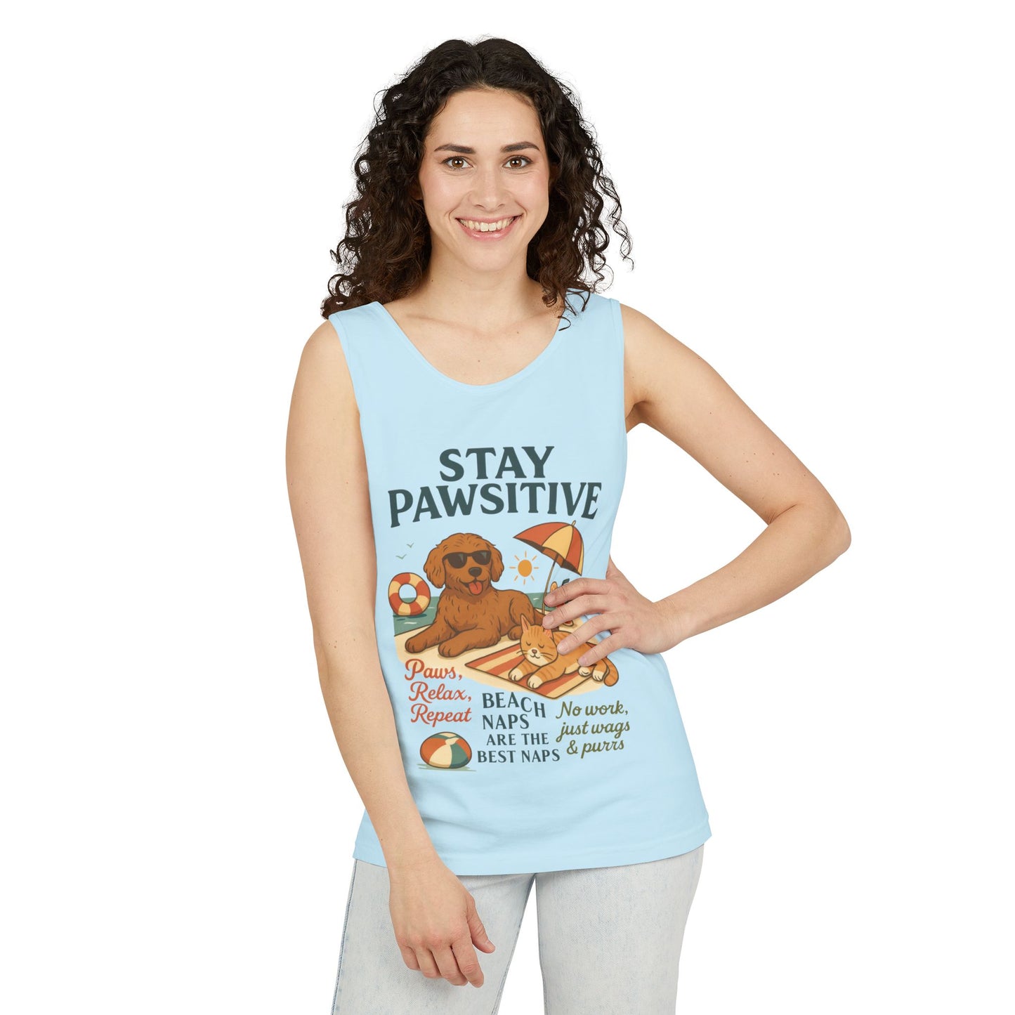 Stay Pawsitive Womens Tank, Cute Dog & Cat Beach Tee, Summer Pet Lover Tee, Animal Graphic Heavy Cotton Tee, Fun Pet Lovers Gift, Summer Top