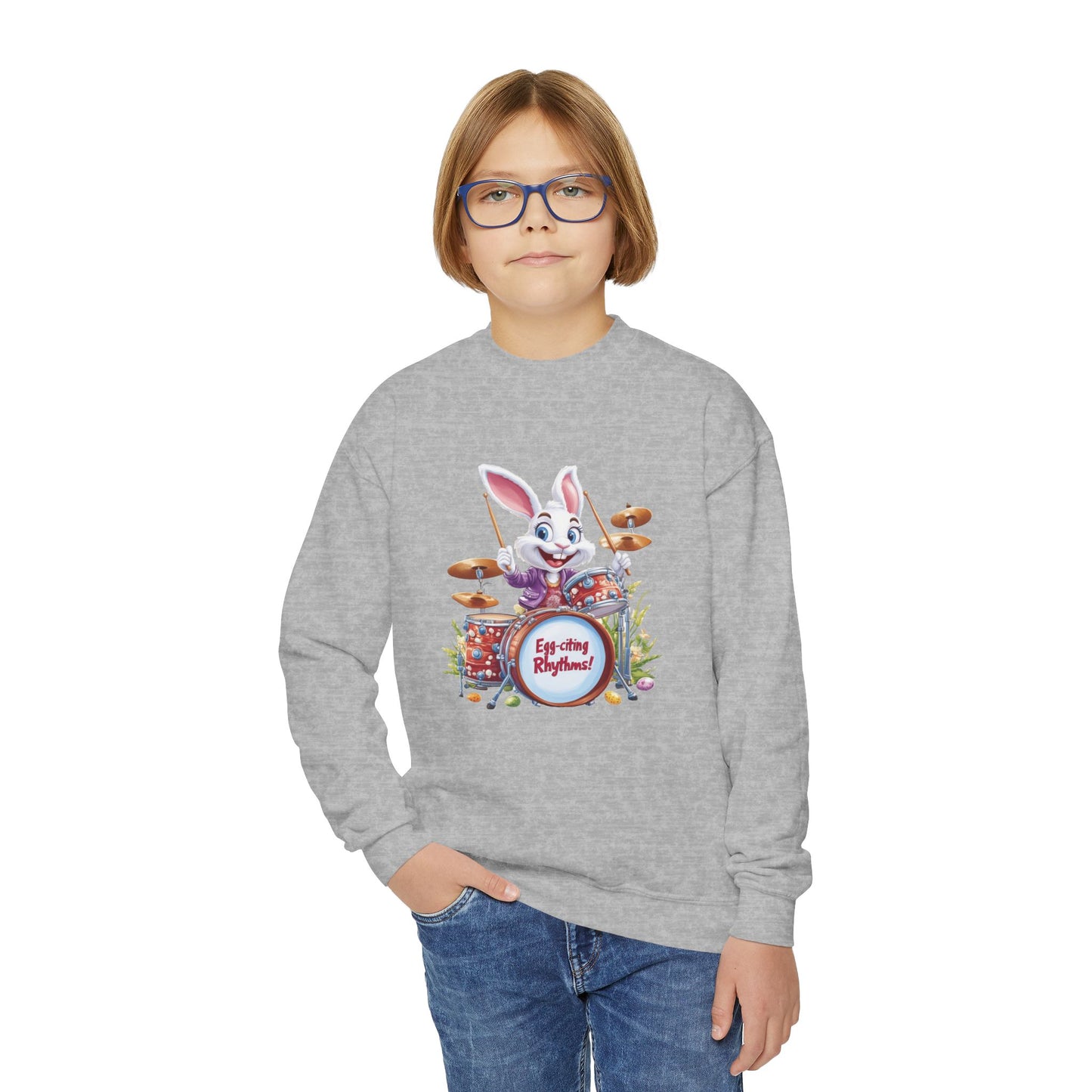 Easter Bunny Drummer Kids Sweatshirt - Cute Spring Crewneck for Children, Fun Easter Gift Colorful Bunny Playing Drums Design