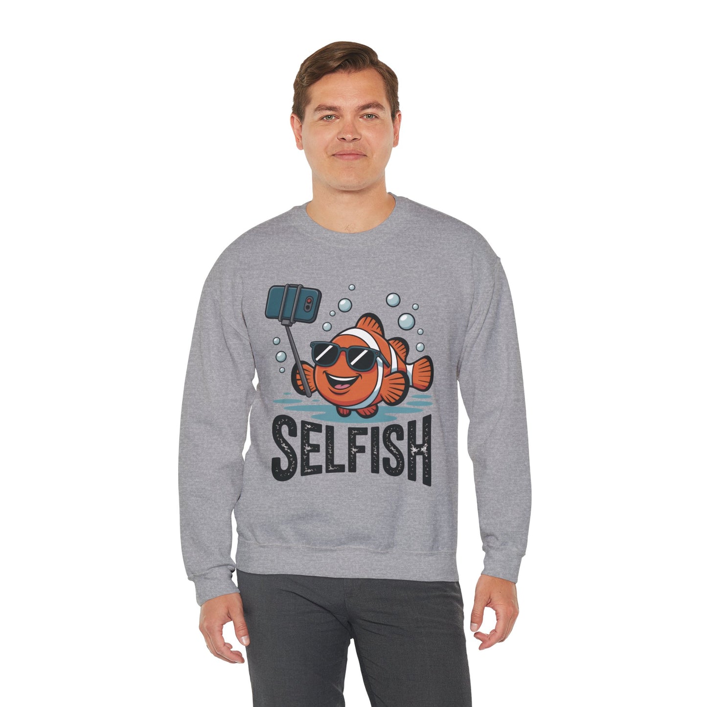 Unisex Heavy Blend™ Crewneck Sweatshirt, Mens Selfish Funny Fish Sweatshirt, Cute Selfie Pullover, Ocean Humor Top