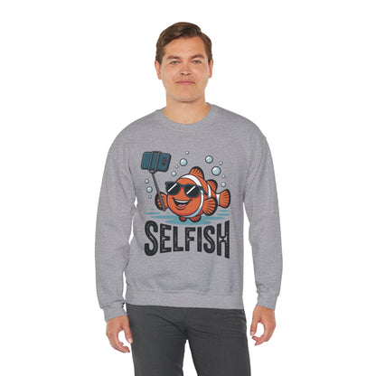 Unisex Heavy Blend™ Crewneck Sweatshirt, Mens Selfish Funny Fish Sweatshirt, Cute Selfie Pullover, Ocean Humor Top