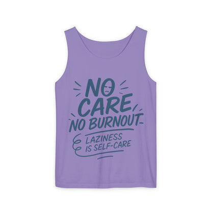 No Care No Burnout Womens Tank Top, Funny Self-Care Quote, Lazy Life Gym Workout Shirt, Casual Sleeveless Top, Relaxed Summer Apparel