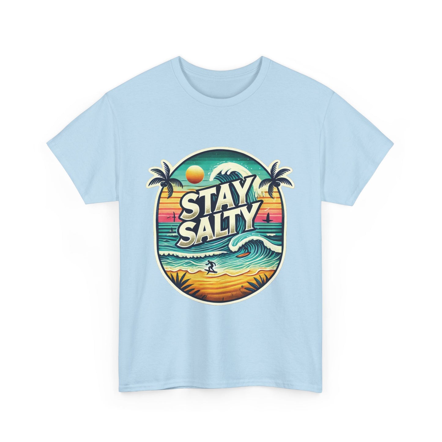 Stay Salty Retro Surf Unisex Heavy Cotton Tee, Vintage Beach Sunset Graphic T-Shirt, Summer Ocean Wave Surfer Shirt, Ocean Lover Gift