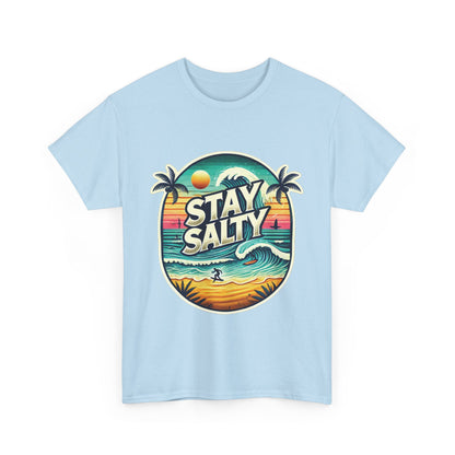 Stay Salty Retro Surf Unisex Heavy Cotton Tee, Vintage Beach Sunset Graphic T-Shirt, Summer Ocean Wave Surfer Shirt, Ocean Lover Gift