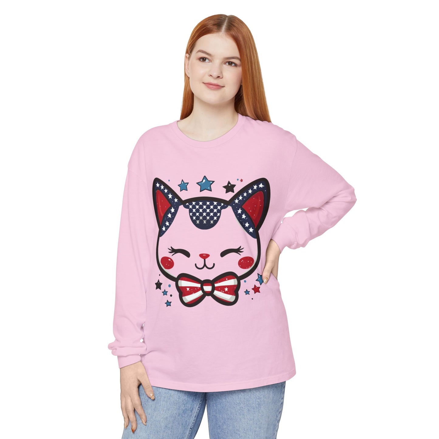 Cute Patriotic Cat Long Sleeve Women's T-Shirt, Fourth of July, Cat Lovers Gift, Casual Wear, Perfect for Holidays and Celebrations