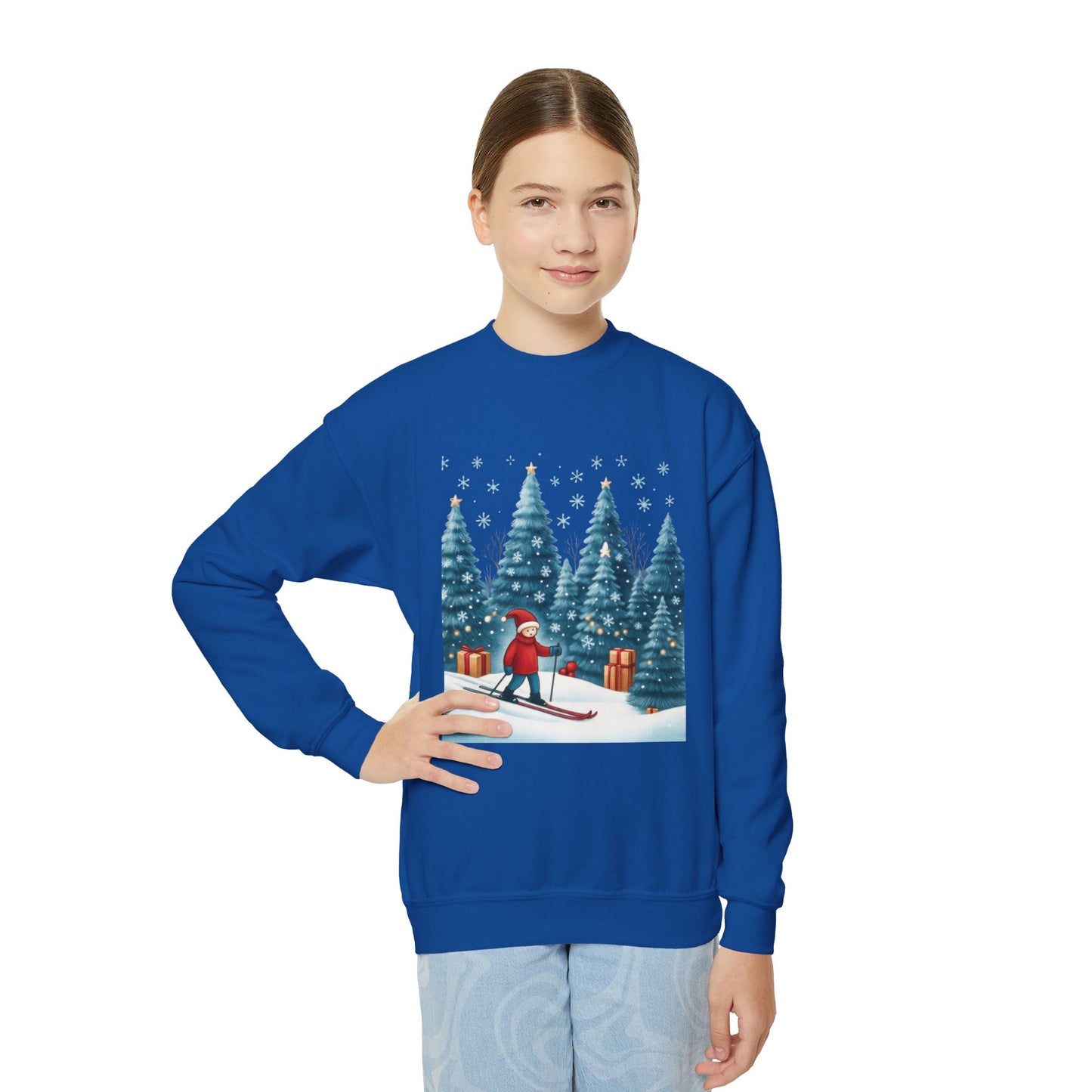 Kids Christmas Skiing Sweatshirt, Cute Holiday Winter Pullover, Youth Crewneck Sweatshirt
