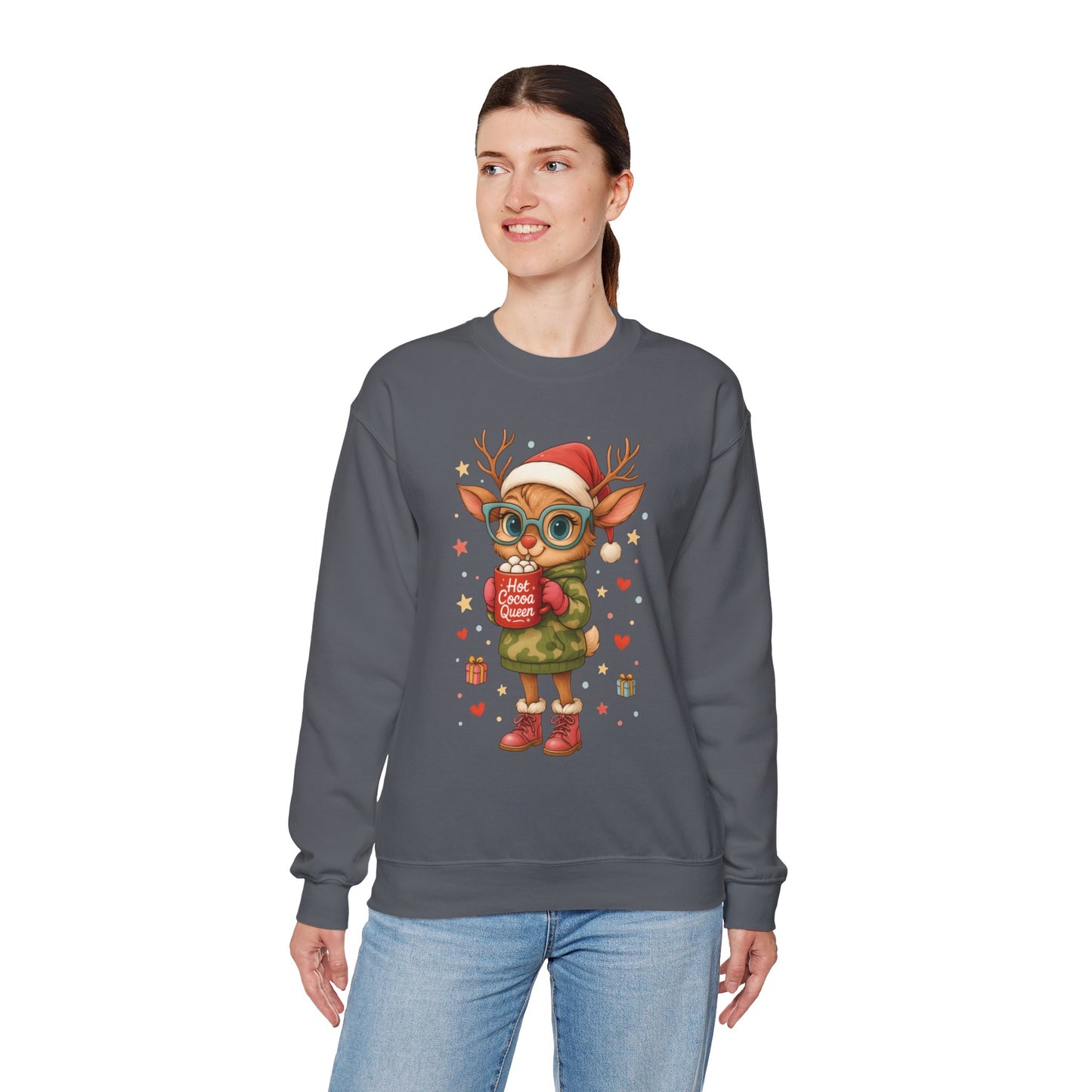 Hot Cocoa Queen Christmas Sweatshirt, Cute Cozy Holiday Reindeer Pullover