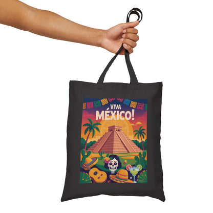 Viva Mexico Cotton Canvas Tote Bag, Eco-Friendly Grocery Bag, Bohemian Beach Bag, Travel Tote, Day of the Dead Gift