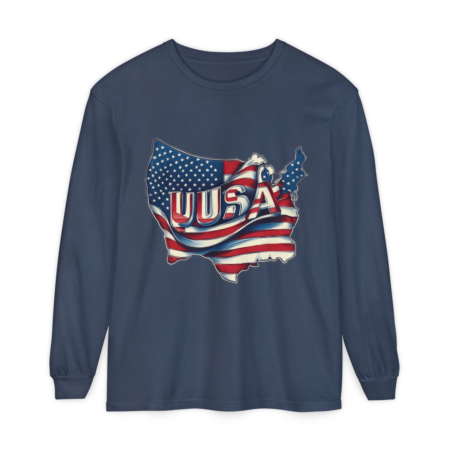 USA Flag Long Sleeve Tee, Unisex Garment-Dyed Shirt, Patriotic Top, All-American Apparel, Independence Day Style, Comfortable Casual Wear