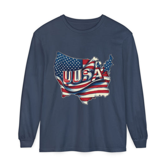 USA Flag Long Sleeve Tee, Unisex Garment-Dyed Shirt, Patriotic Top, All-American Apparel, Independence Day Style, Comfortable Casual Wear