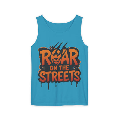Mens Garment-Dyed Tank Top, Roar on the Streets Lion Graphic Mens Tank Top