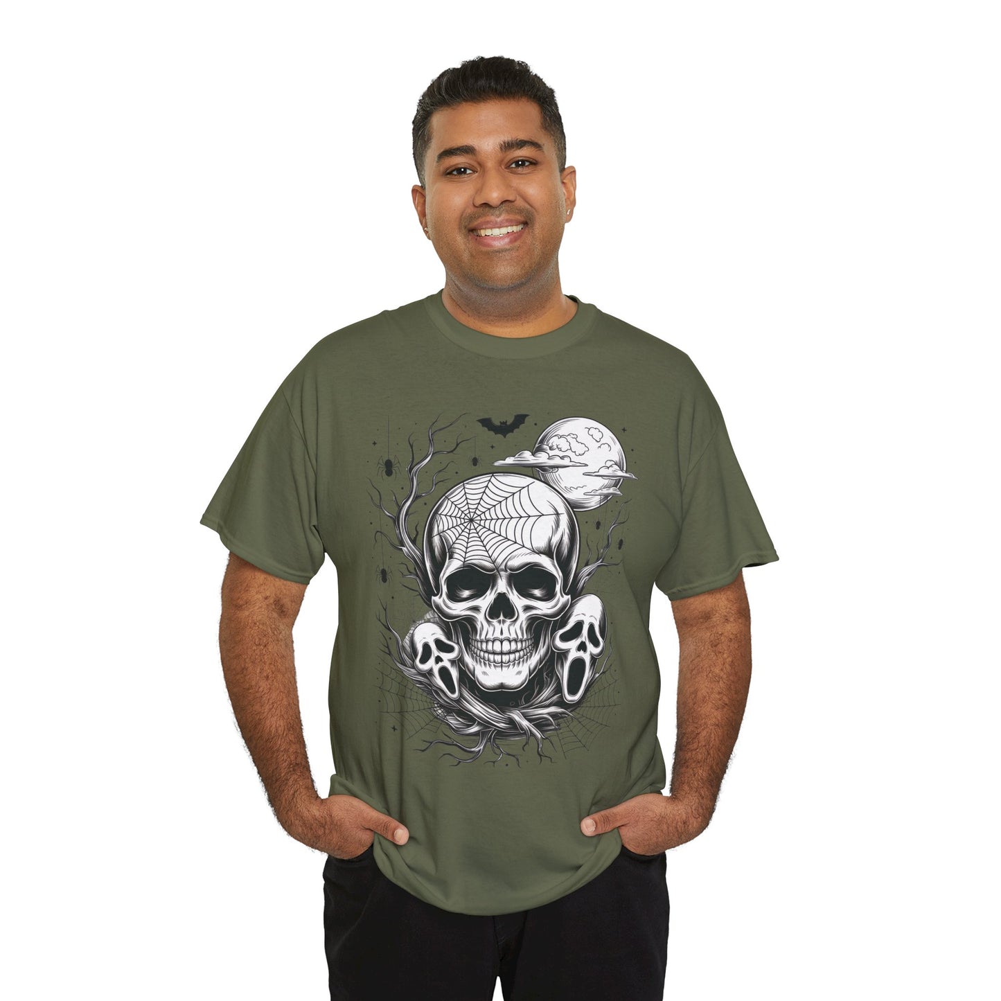 Men's Gothic Skull T-Shirt, Halloween Graphic Tee, Spider Web & Moon Horror Shirt, Spooky Skull Graphic Top for Him
