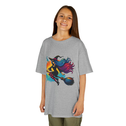 Girls Witch T-Shirt, Colorful Halloween Witch Graphic Tee for Kids, Fun Spooky Broomstick Shirt, Gift for Girls