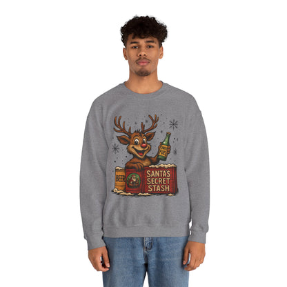 Mens Funny Christmas Sweatshirt, Santa's Secret Stash Reindeer Pullover, Men's Heavy Blend™ Crewneck Sweatshirt