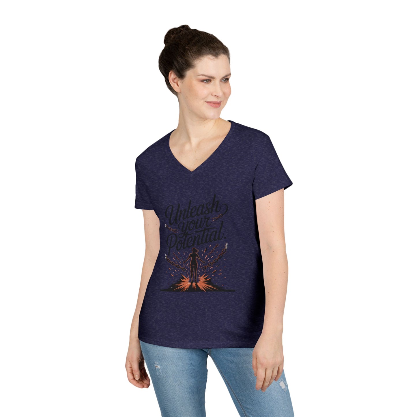Empowering Ladies' V-Neck T-Shirt | Unleash Your Potential | Gift for Motivation, Birthday, Inspirational Wear, Positive Energy Top