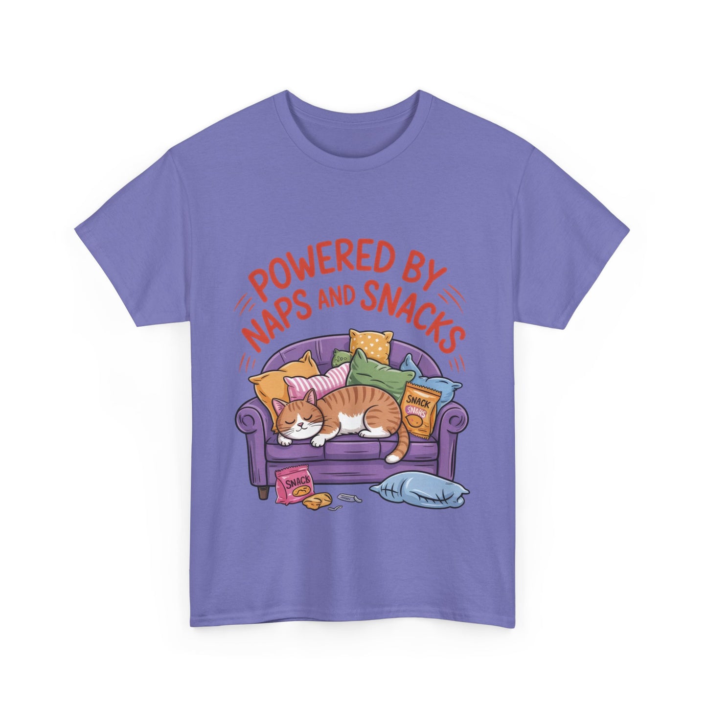 Powered by Naps and Snacks Cat T-Shirt, Funny Lazy Cat Lover Womens Tee, Cute Humor Shirt, Cozy Gift for Her, Cozy Cat Lover T-Shirt