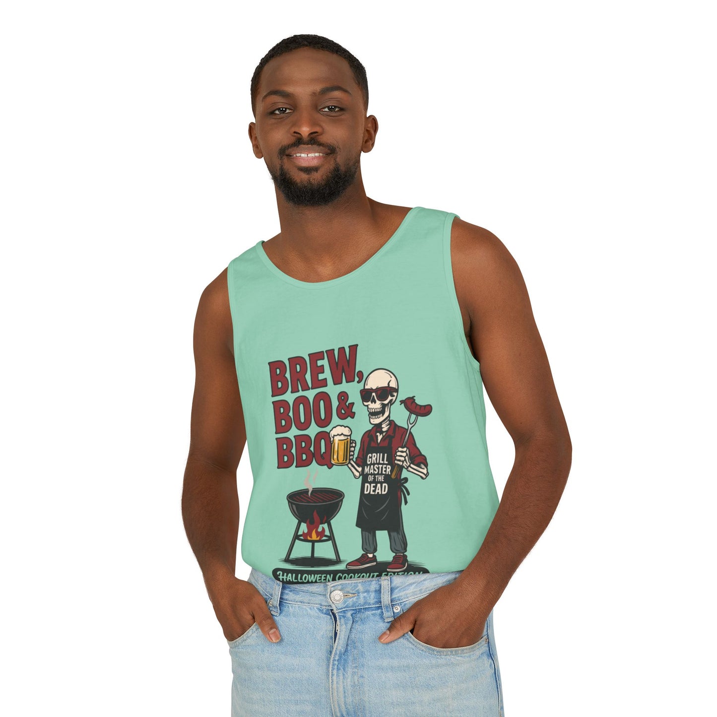 Halloween BBQ Men's Tank Top, Brew Boo & BBQ Skeleton Grill Master, Funny Dad Gift, Grill Master Top, Funny Skeleton Top