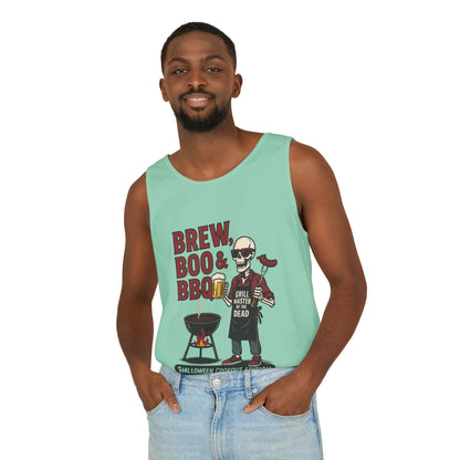 Halloween BBQ Men's Tank Top, Brew Boo & BBQ Skeleton Grill Master, Funny Dad Gift, Grill Master Top, Funny Skeleton Top