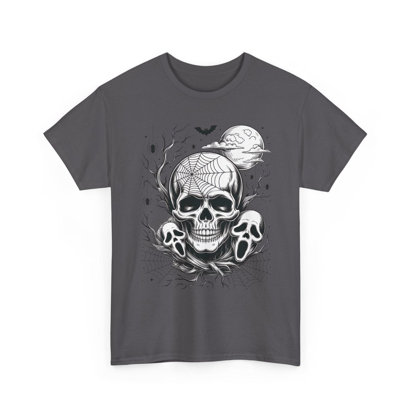 Men's Gothic Skull T-Shirt, Halloween Graphic Tee, Spider Web & Moon Horror Shirt, Spooky Skull Graphic Top for Him