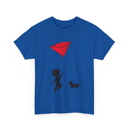 Cute Kid and Cat Design T-Shirt, Playful Gift for Cat Lovers, Summer Style, Cat Lover T-Shirt, Gift for Cat Owners, Women's Cotton T-Shirt