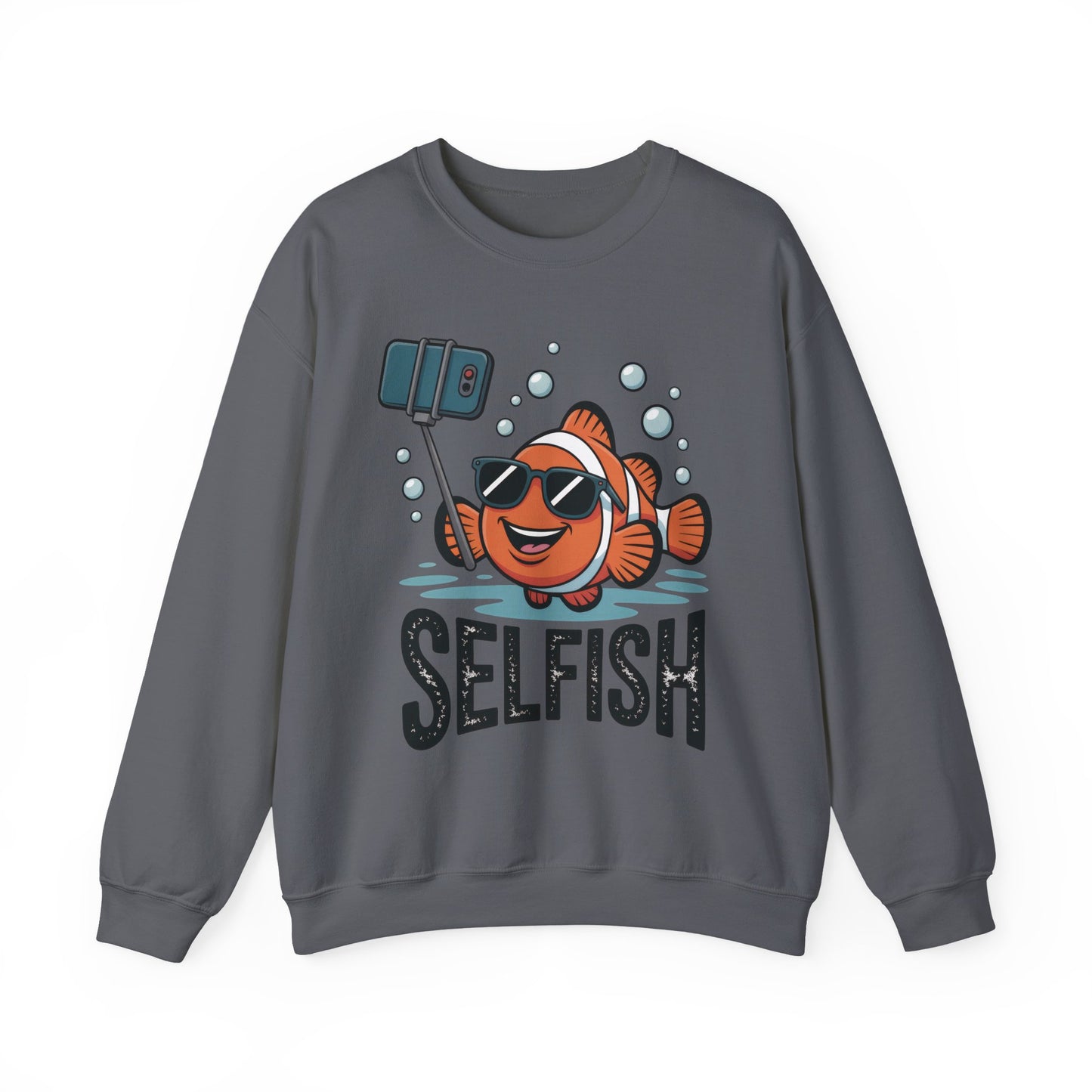 Unisex Heavy Blend™ Crewneck Sweatshirt, Mens Selfish Funny Fish Sweatshirt, Cute Selfie Pullover, Ocean Humor Top