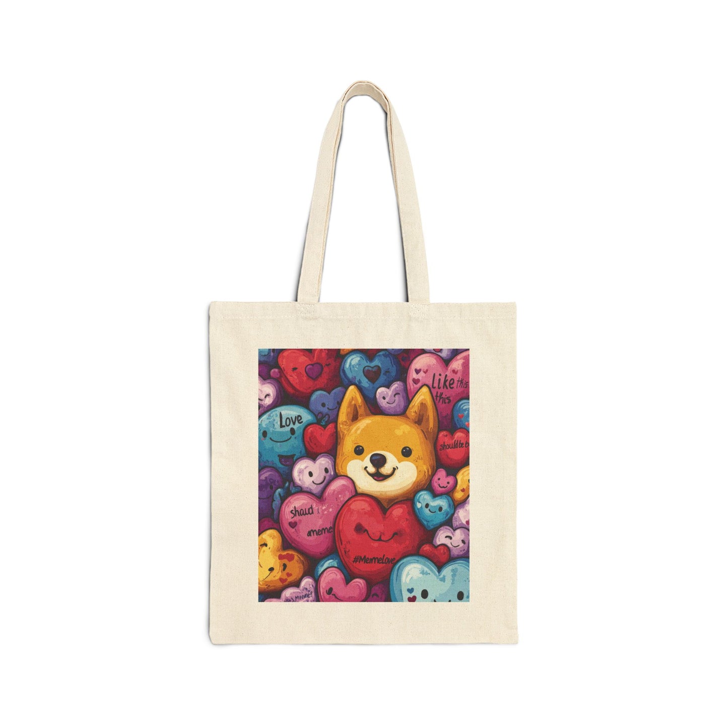 Cute Shiba Inu Heart Tote Bag, Kawaii Dog Meme Canvas Bag, Colorful Cartoon Love Shopper Gift for Dog Lovers & Valentine's Day