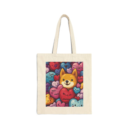 Cute Shiba Inu Heart Tote Bag, Kawaii Dog Meme Canvas Bag, Colorful Cartoon Love Shopper Gift for Dog Lovers & Valentine's Day