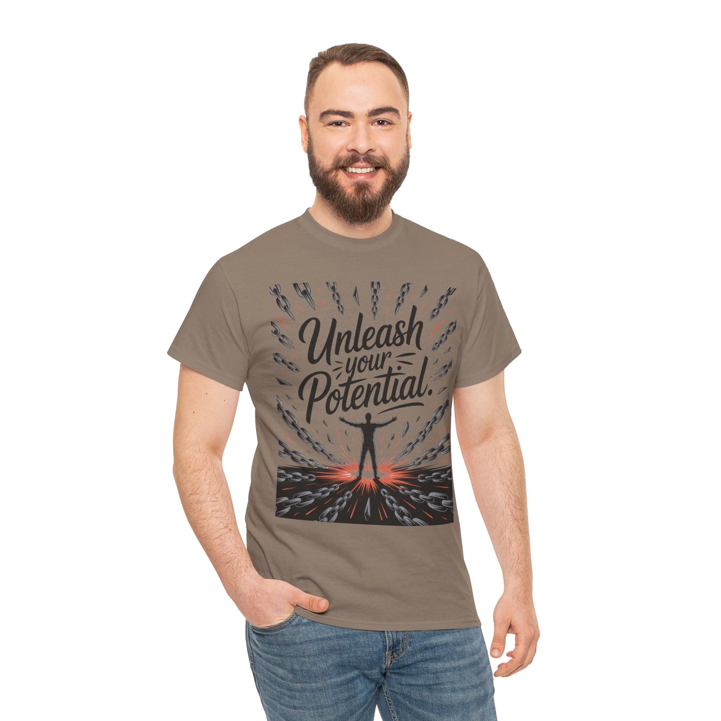 Inspiring Men's Heavy Cotton Tee, "Unleash Your Potential" Motivation Shirt, Gift for Graduates, Personal Growth Apparel, Casual Wear