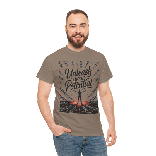 Inspiring Men's Heavy Cotton Tee, "Unleash Your Potential" Motivation Shirt, Gift for Graduates, Personal Growth Apparel, Casual Wear