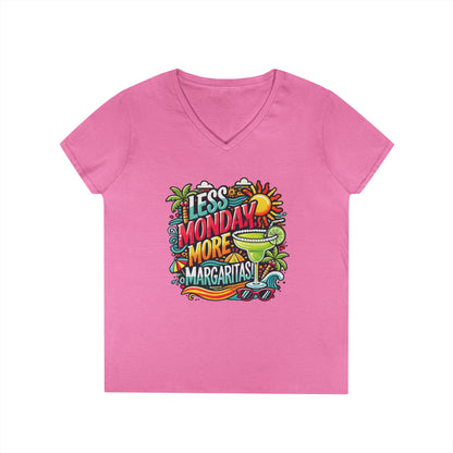 Less Monday More Margaritas Ladies' V-Neck T-Shirt, Funny Summer Cocktail Shirt, Tropical Vacation Tee for Women, Party Tee, Weekend Vibes