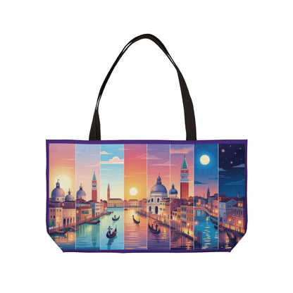 Venice from Dawn to Dusk Weekender Tote Bag, Cityscape Travel Bag with Gondolas, Sunset & Moonlight Art Print, Beach Bag, Travelers Bag
