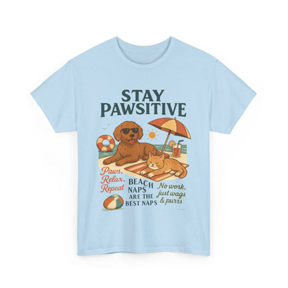 Stay Pawsitive Womens T-Shirt, Cute Dog & Cat Beach Shirt, Summer Pet Lover Tee, Animal Graphic Heavy Cotton Tee, Fun Pet Lovers Gift