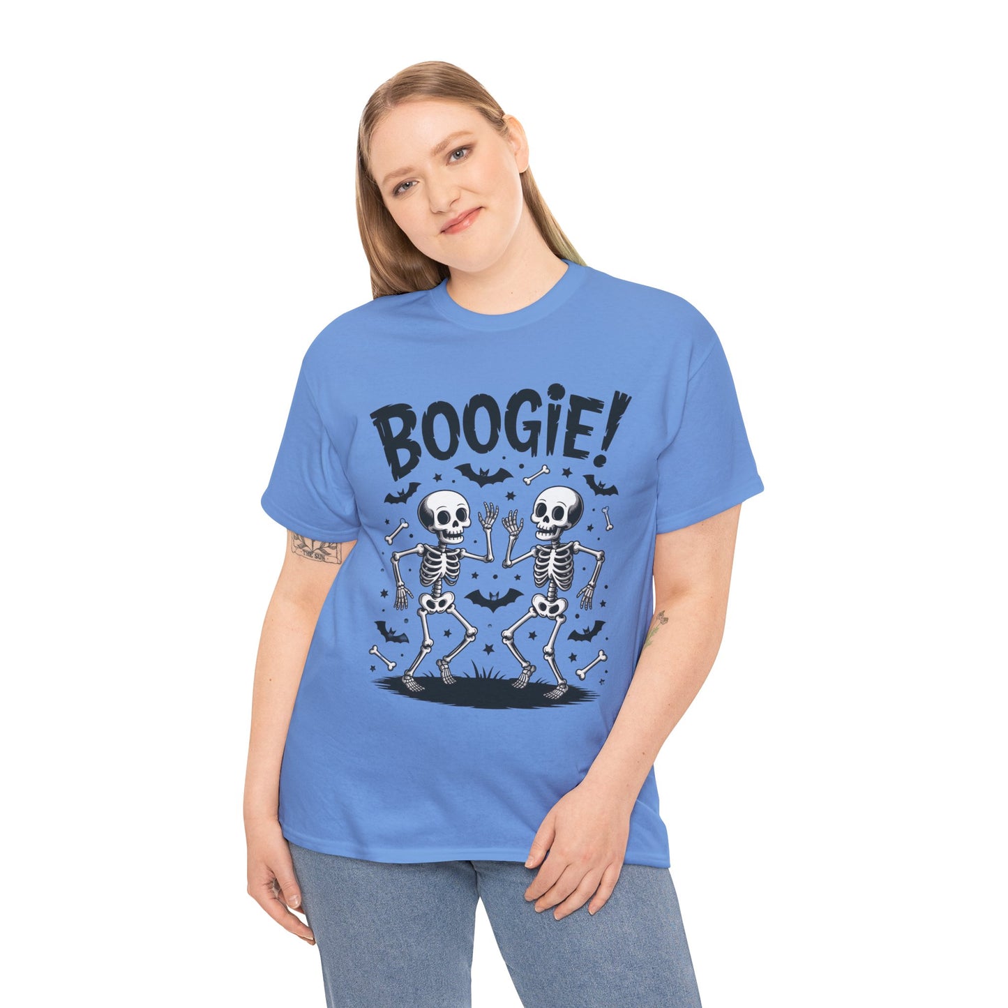 Halloween Dancing Skeletons Women's T-Shirt, BOOGIE! Funny Spooky Graphic Tee for Women, Women's Heavy Cotton Tee